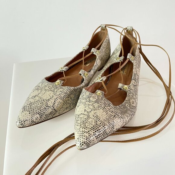 Halogen ‘Owen’ Pointy Toe Ghillie Flat in Bone Snakeskin - Picture 2 of 8